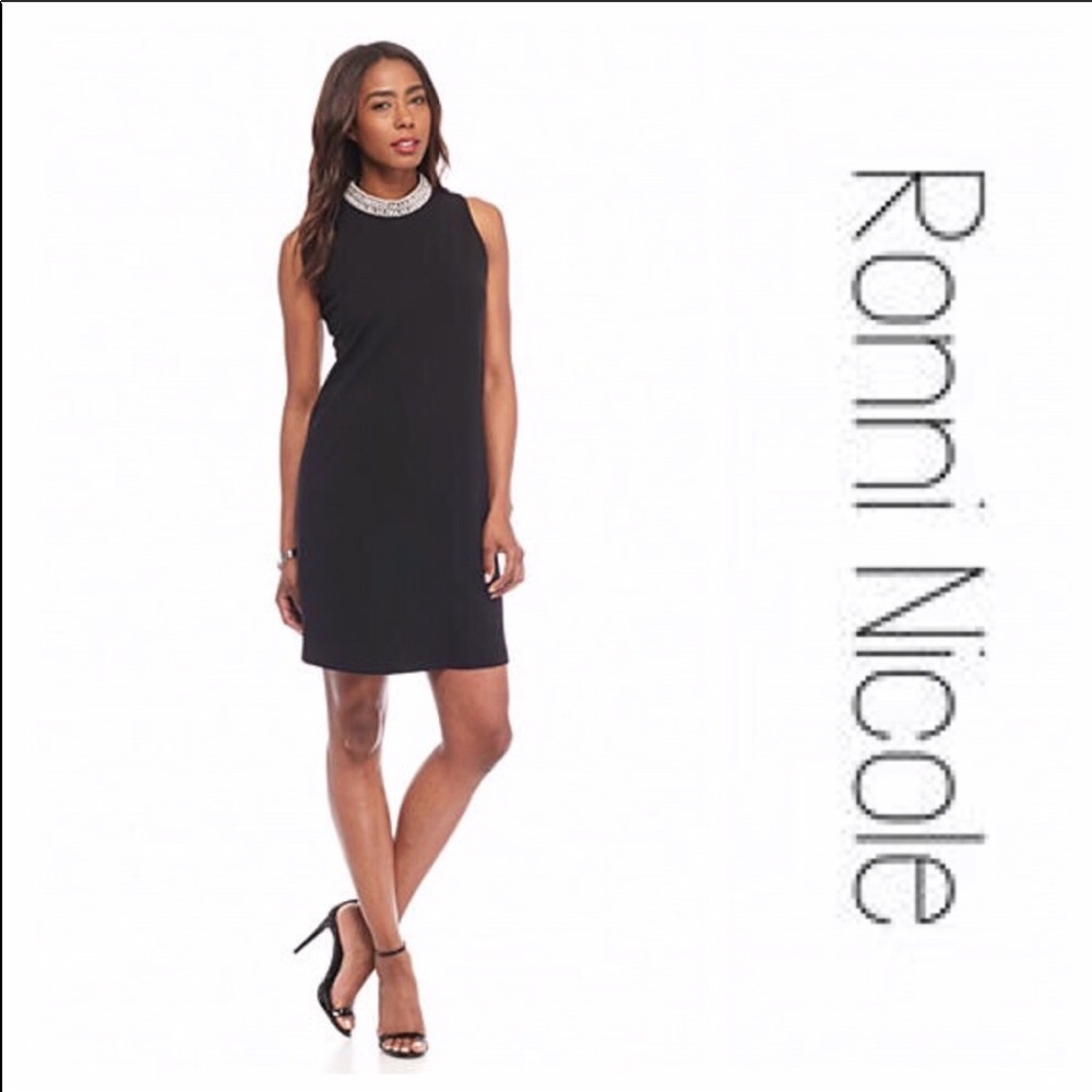 NWOT Ronni Nicole Black Jeweled Neckline Dress 8